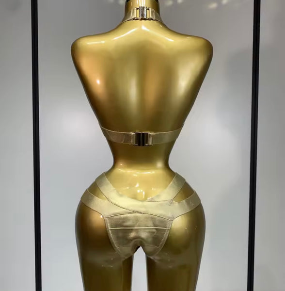 Women Sexy Halter Gold Faux Leather Bikini Swimsuit