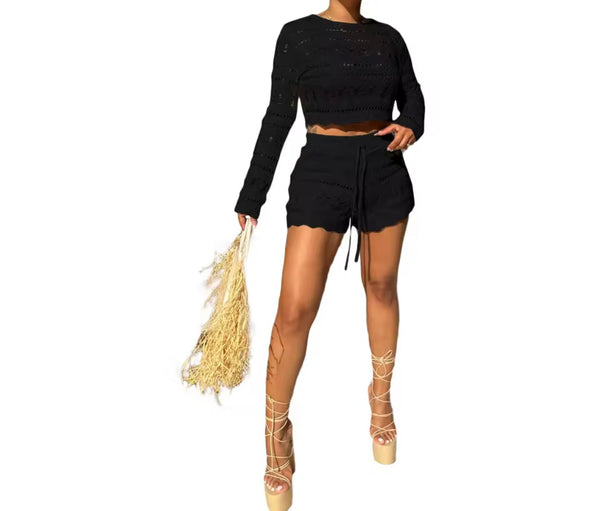 Women Color Fashion Full Sleeve Knitted Two Piece Short Set