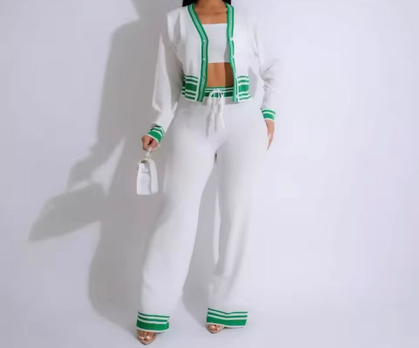 Women Fashion Color Patchwork Full Sleeve Three Piece Pant Set