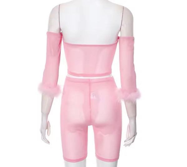 Women Sexy Strapless Feather Sleeve Mesh Two Piece Short Set