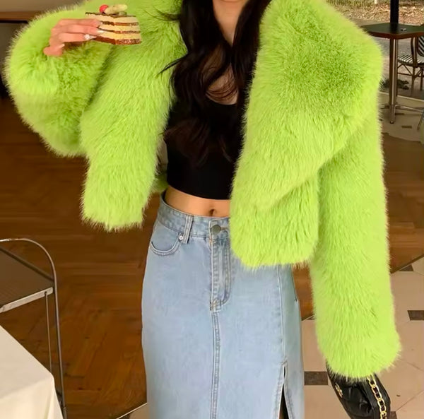 Women Fashion Green Faux Fur Jacket