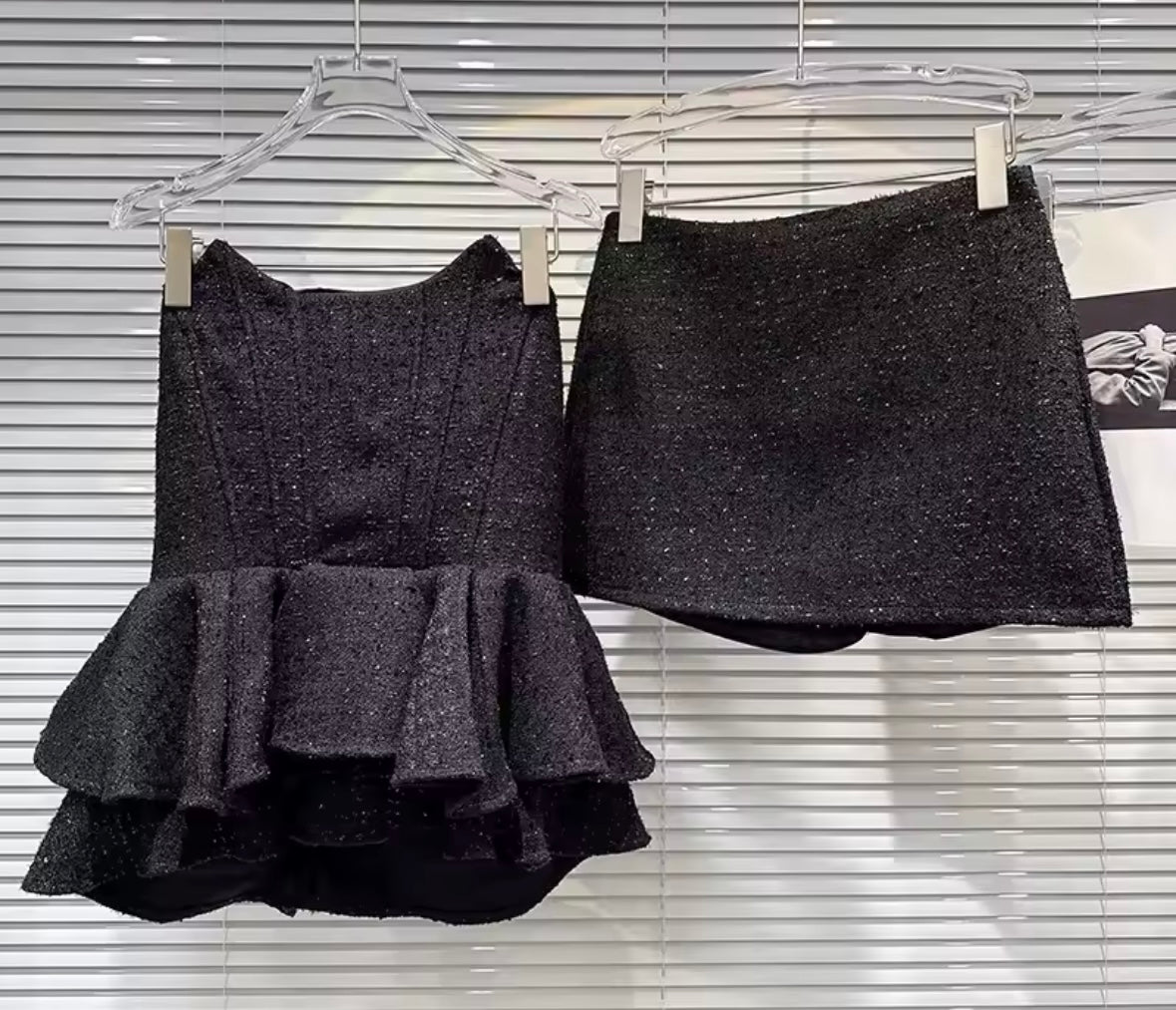 Women Sexy Strapless Tweed Ruffle Two Piece Skirt Set