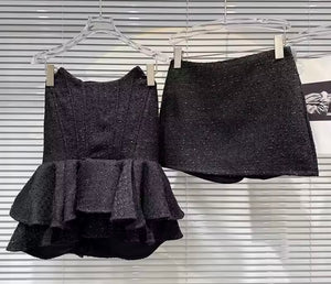 Women Sexy Strapless Tweed Ruffle Two Piece Skirt Set