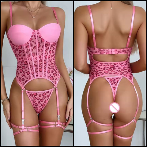 Women Sexy Pink Leopard Print Lingerie Set