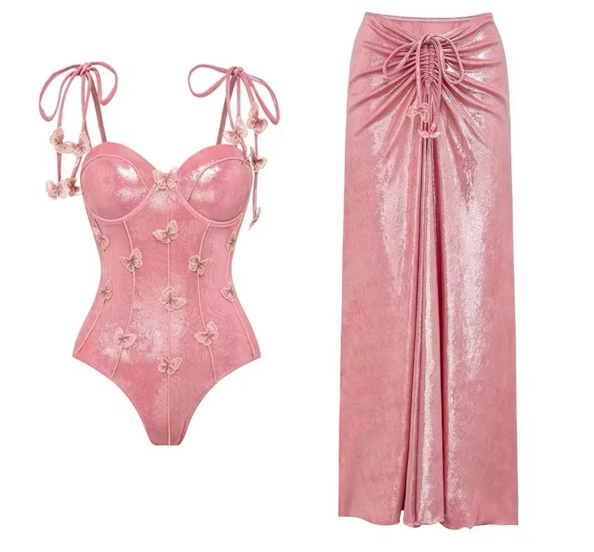 Women Sexy Pink Sparkly Butterfly Swimsuit Cover Up Set