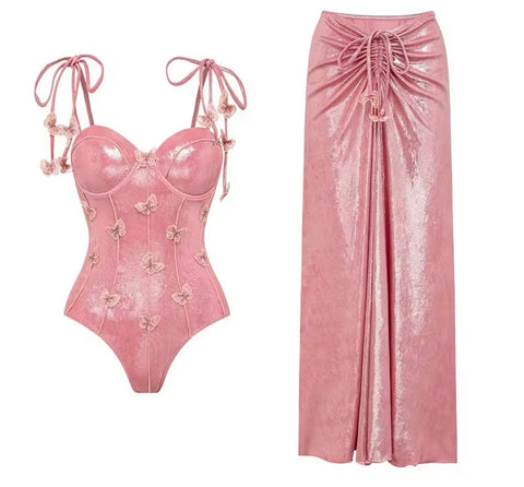 Women Sexy Pink Sparkly Butterfly Swimsuit Cover Up Set