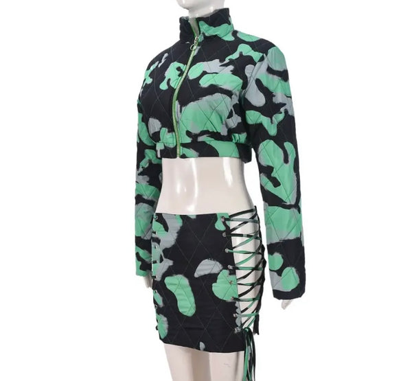 Women Fashion Printed Jacket Two Piece Lace Up Skirt Set