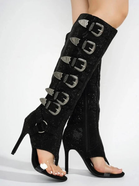 Women Fashion Open Toe Bling Buckled Knee High Boots