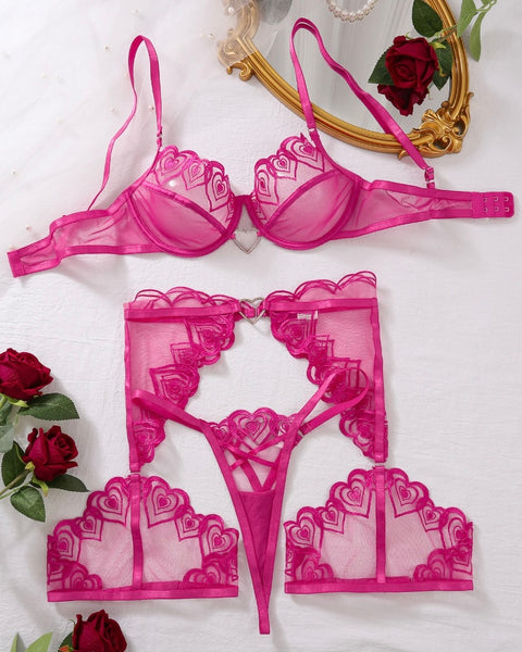 Women Pink Sexy Heart Print Mesh Lingerie Set