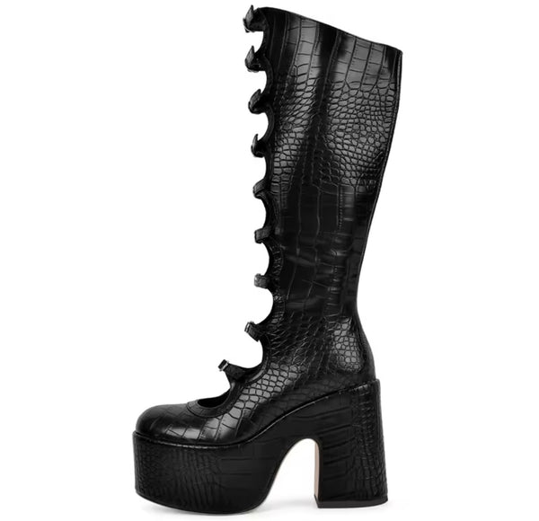 Women Round Toe Buckled Platform Knee High Boots