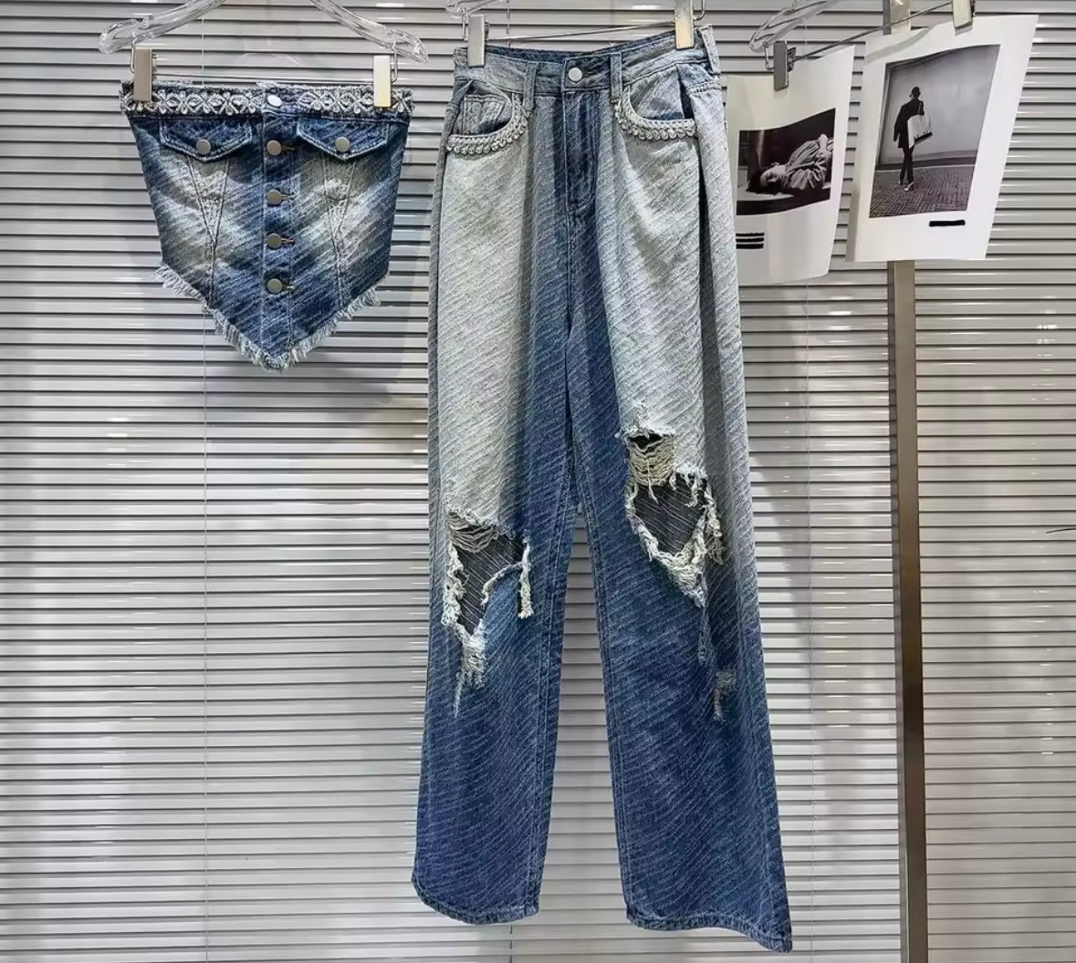 Women Rhinestone Button Up Crop Two Piece Ripped Denim Pant Set