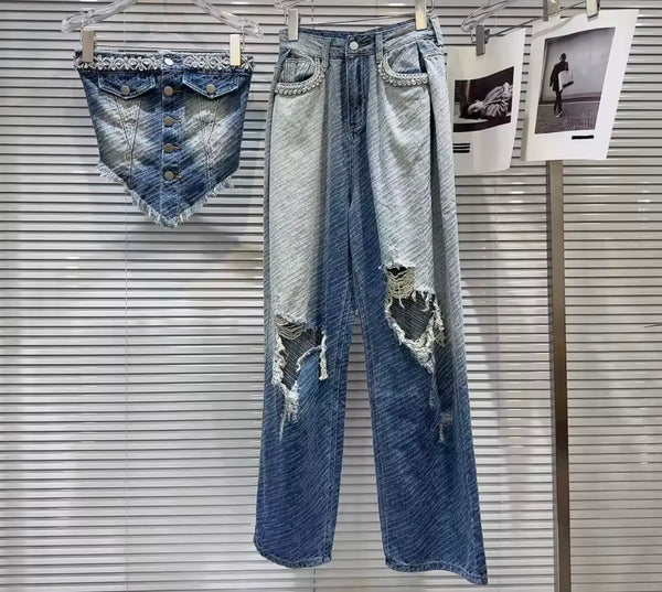 Women Rhinestone Button Up Crop Two Piece Ripped Denim Pant Set