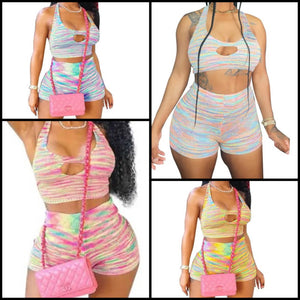 Women Fashion Colorful Sleeveless Halter Two Piece Short Set