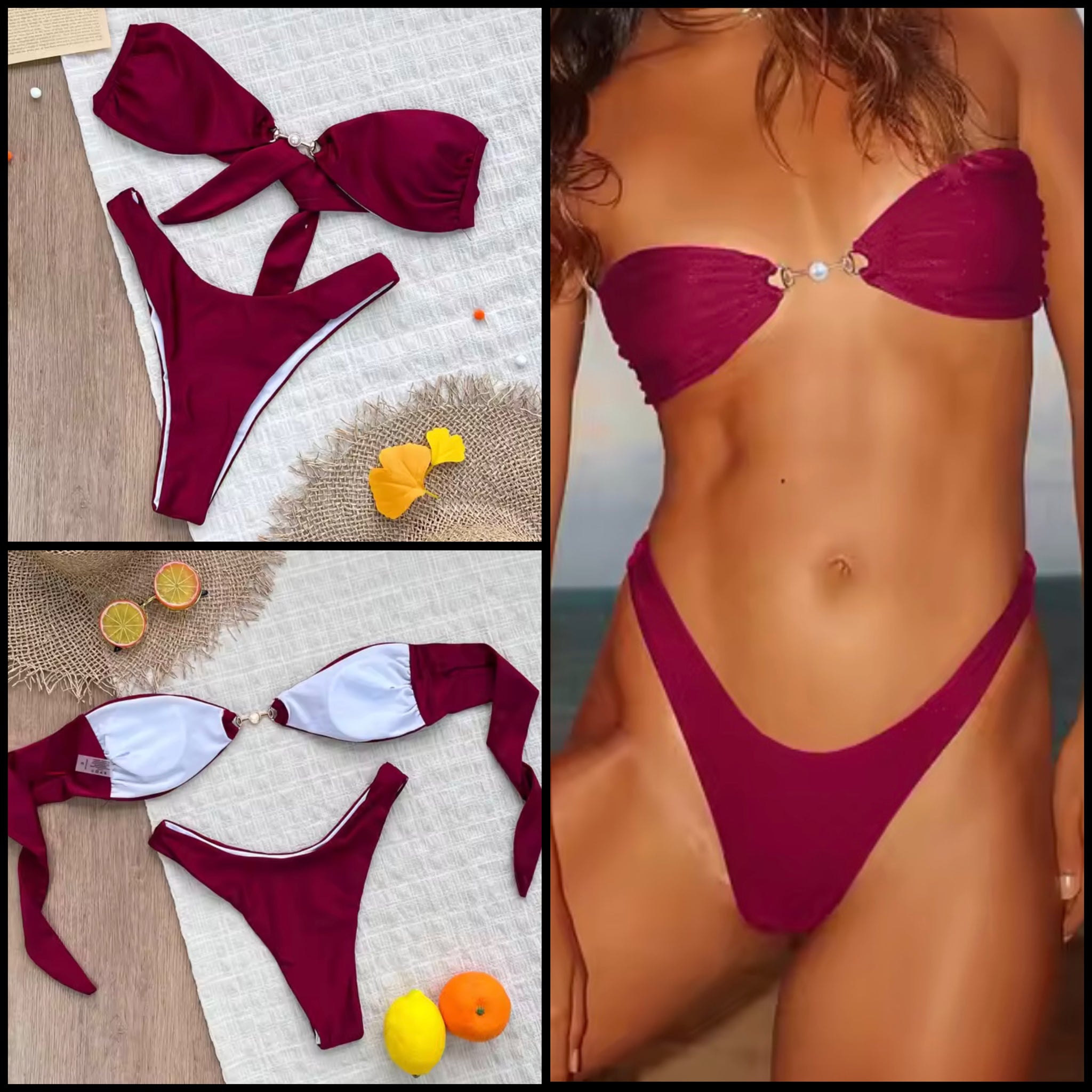 Women Burgundy Sexy Strapless Bikini Swimsuit