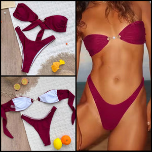 Women Burgundy Sexy Strapless Bikini Swimsuit
