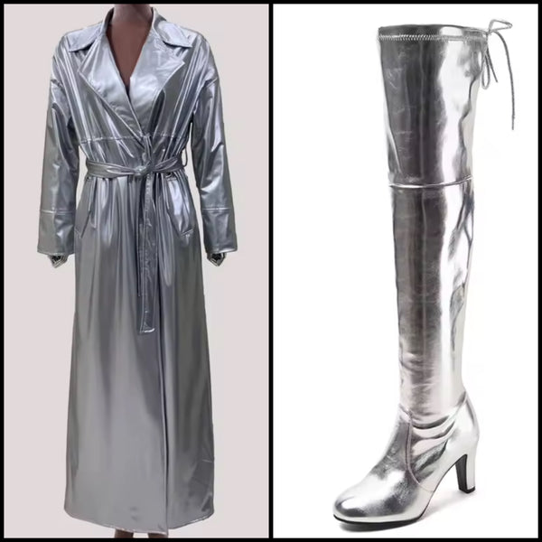 Women Silver Fashion PU Leather Trench Jacket