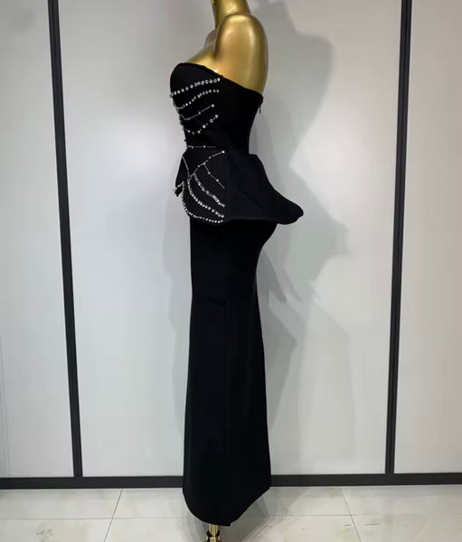 Women Strapless Rhinestone Beading Black Sexy Maxi Dress