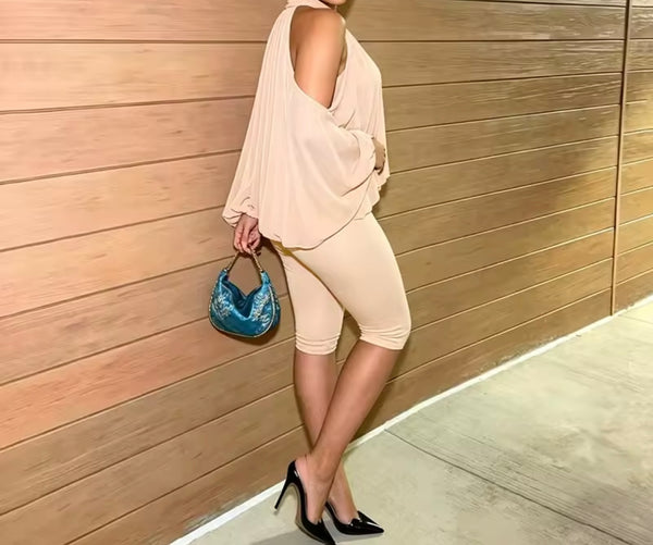 Women Open Shoulder Mesh Full Sleeve Three Piece Capri Pant Set