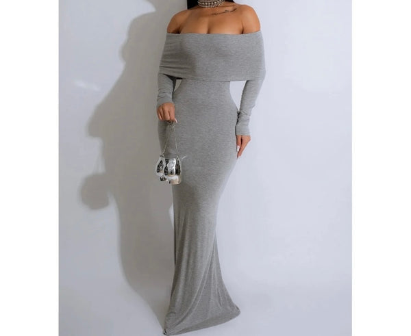 Women Sexy Solid Color Off The Shoulder Full Sleeve Maxi Dress