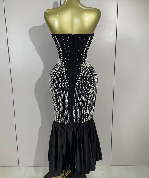 Women Sexy Strapless Rhinestone Pearl Mermaid Maxi Dress
