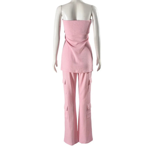 Women Pink Strapless Sexy Two Piece Pant Set