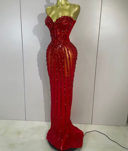 Women Sexy Strapless Rhinestone Mesh Maxi Dress