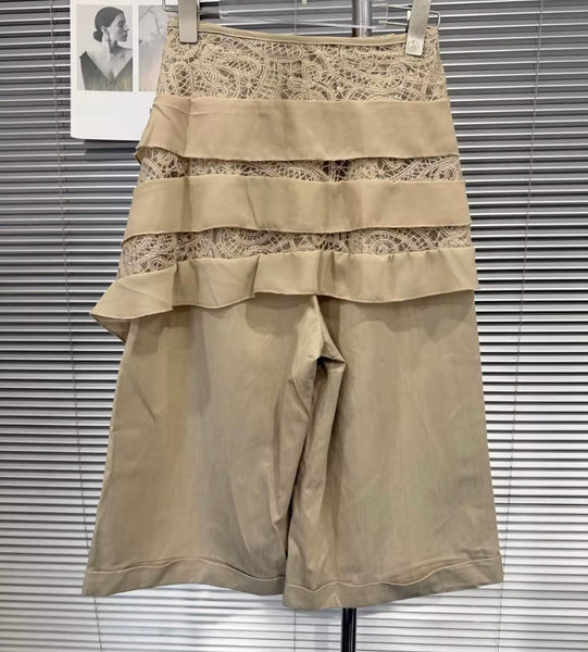 Women Khaki Button Up Short Sleeve Ruffled Lace Two Piece Short Set