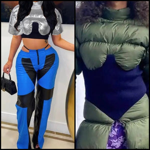 Women Fashion PU Puff Short Sleeve Crop Jacket