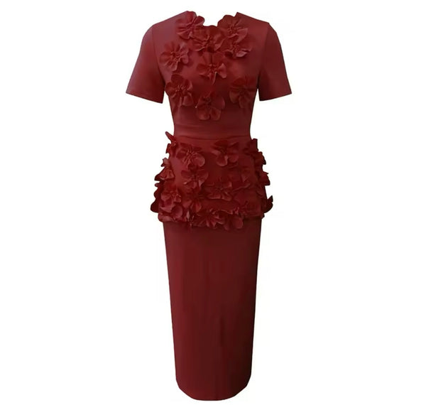 Women Solid Color Floral Short Sleeve Two Piece Maxi Skirt Set