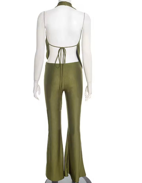 Women Sexy Halter V-Neck Open Back Two Piece Pant Set
