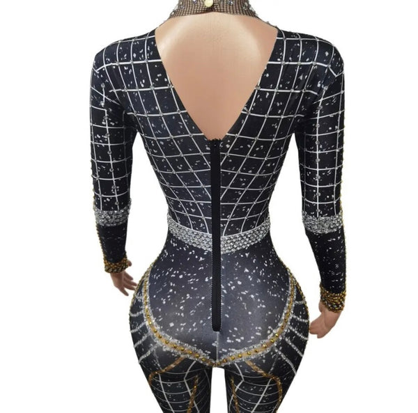 Women Fashion Bling Rhinestone Patchwork Full Sleeve Jumpsuit