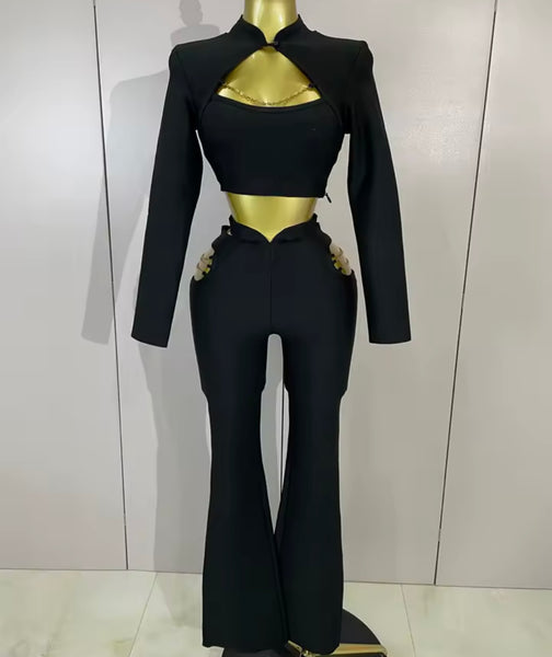 Women Black Chain Cut Out Full Sleeve Crop Two Piece Pant Set