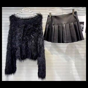 Women Fashion Black Full Sleeve Sweater Two Piece Pleated Skirt Set