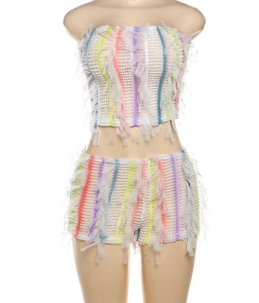 Women Sexy Strapless White Colorful Striped Fringe Two Piece Short Set