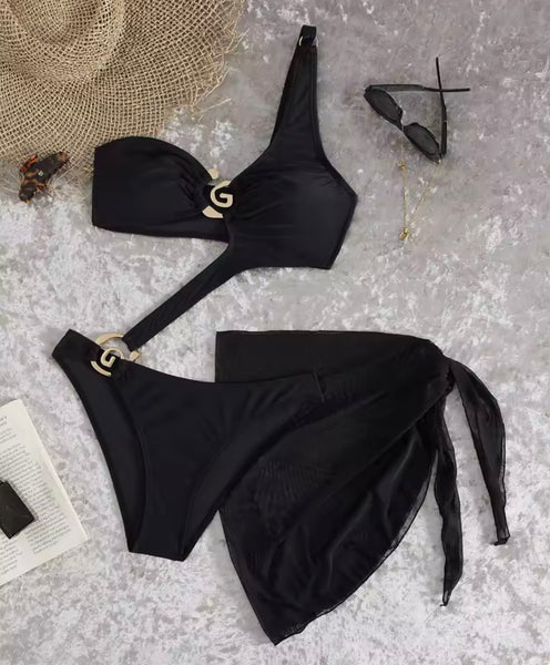 Women Black Sexy One Shoulder Metal Swimsuit Cover Up Set