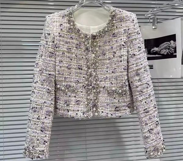 Women Beaded Rhinestone Fur Blazer Three Piece Skirt Set