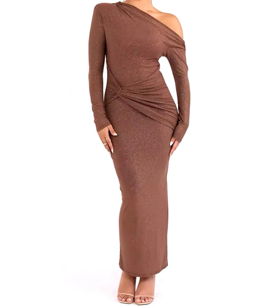 Women Sexy Sparkle One Shoulder Full Sleeve Maxi Dress