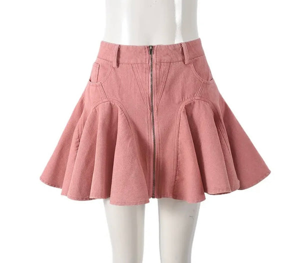 Women Sexy Pink Pleated Denim Skirt