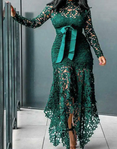 Women Sexy Color Lace Full Sleeve Bow Maxi Dress