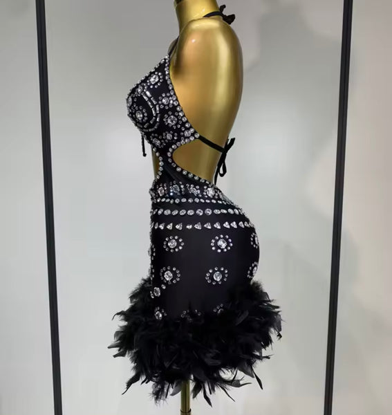 Women Sexy Halter Sleeveless Cut Out Rhinestone Feather Dress