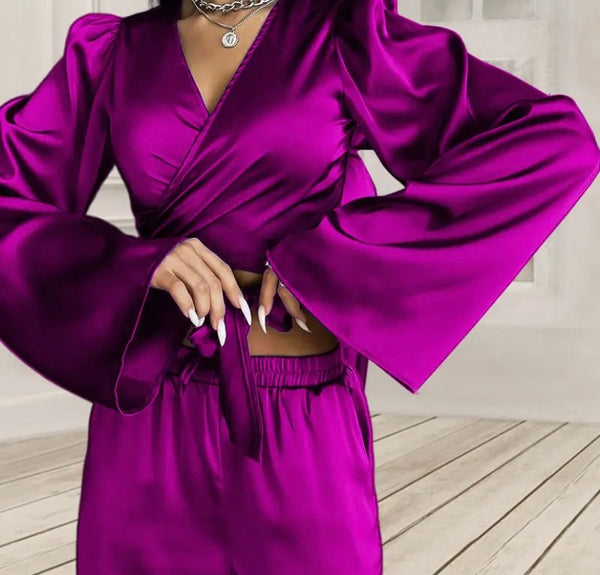 Women Sexy Solid Color Satin Full Sleeve Two Piece Pant Set