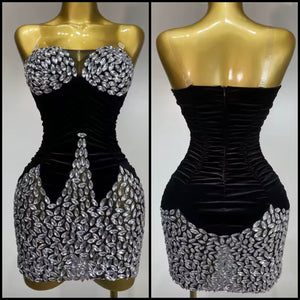 Women Sexy Sleeveless Crystal Black Ruched Velvet Dress