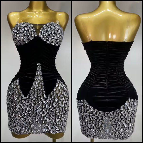 Women Sexy Sleeveless Crystal Black Ruched Velvet Dress