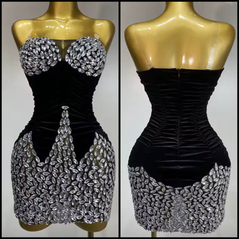 Women Sexy Sleeveless Crystal Black Ruched Velvet Dress
