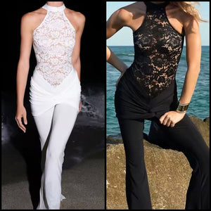 Women Sexy Sleeveless Lace Patchwork Wrap Jumpsuit