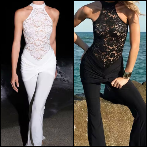 Women Sexy Sleeveless Lace Patchwork Wrap Jumpsuit