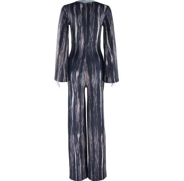Women Cut Out Full Sleeve Color Patchwork Sexy Jumpsuit