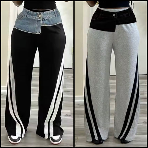 Women Fashion Denim Patchwork Striped Pants