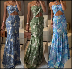 Women Sexy Sleeveless Tropical Print Cut Out Maxi Dress