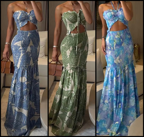 Women Sexy Sleeveless Tropical Print Cut Out Maxi Dress